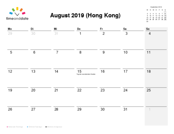 Kalender für 2019 in Hong Kong