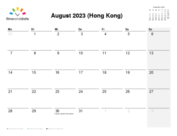Kalender für 2023 in Hong Kong