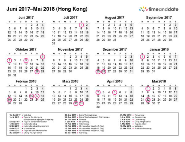 Kalender für 2017 in Hong Kong