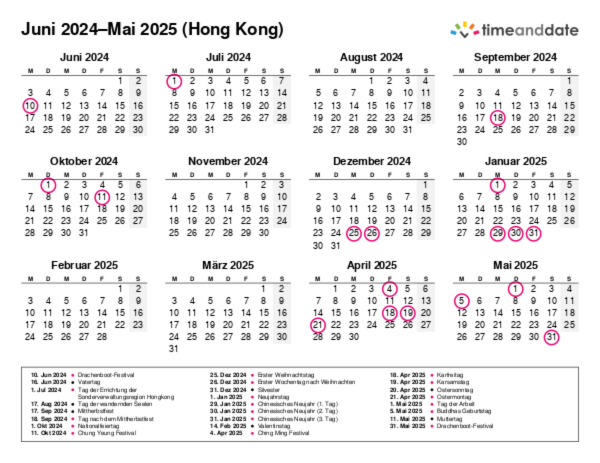 Kalender für 2024 in Hong Kong