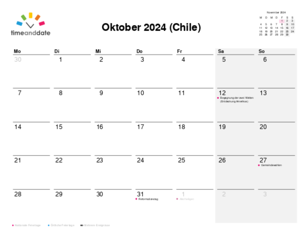 Kalender für 2024 in Chile