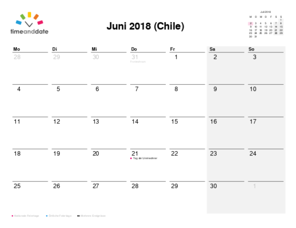 Kalender für 2018 in Chile