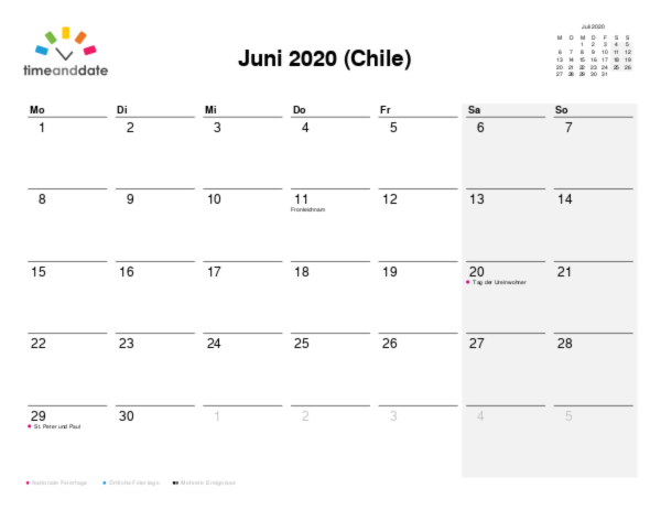 Kalender für 2020 in Chile