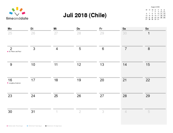 Kalender für 2018 in Chile