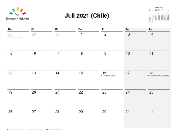 Kalender für 2021 in Chile