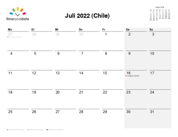 Kalender für 2022 in Chile