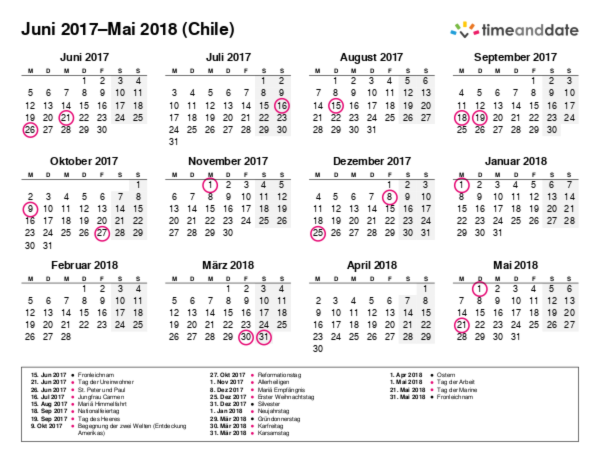Kalender für 2017 in Chile