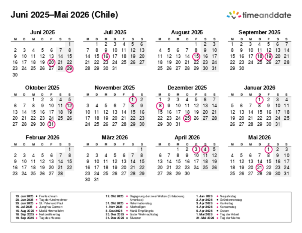 Kalender für 2025 in Chile