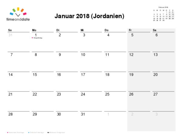 Kalender für 2018 in Jordanien