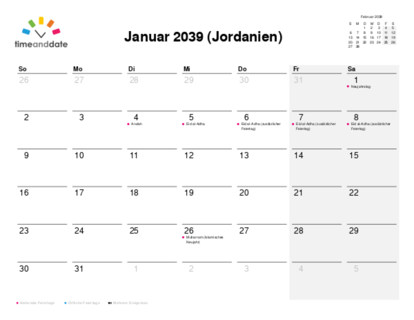 Kalender für 2039 in Jordanien