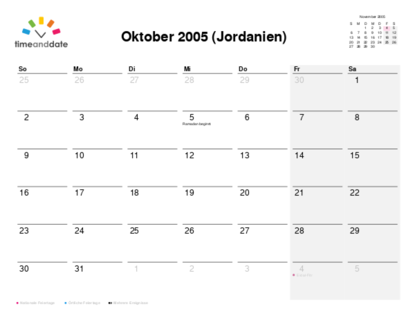 Kalender für 2005 in Jordanien