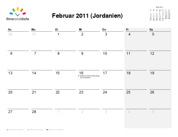 Kalender für 2011 in Jordanien