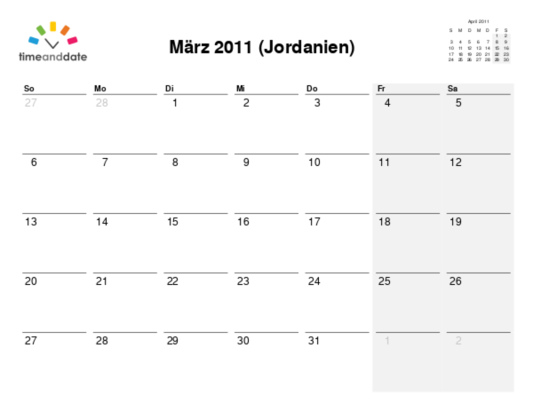 Kalender für 2011 in Jordanien