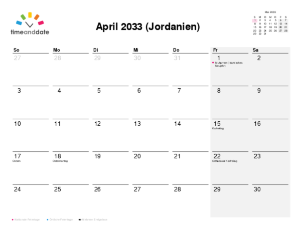 Kalender für 2033 in Jordanien