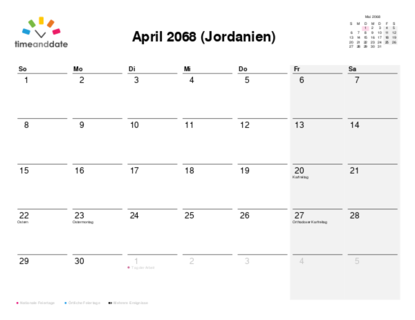 Kalender für 2068 in Jordanien