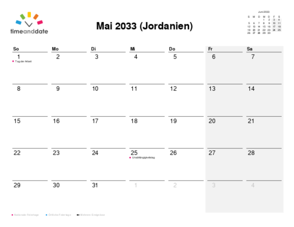 Kalender für 2033 in Jordanien