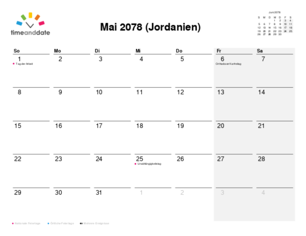 Kalender für 2078 in Jordanien