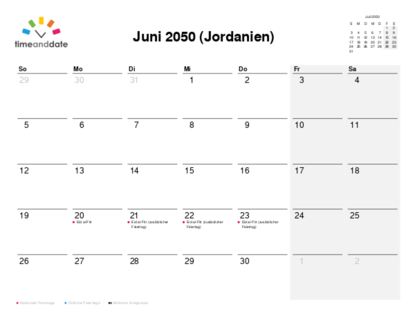Kalender für 2050 in Jordanien