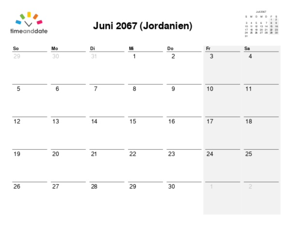 Kalender für 2067 in Jordanien