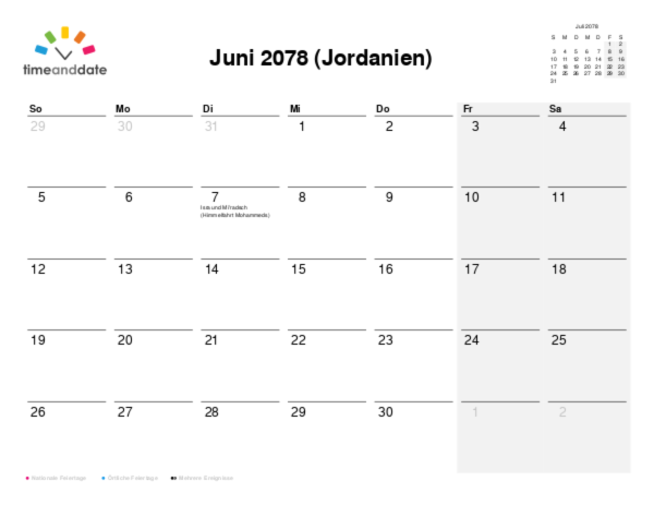 Kalender für 2078 in Jordanien