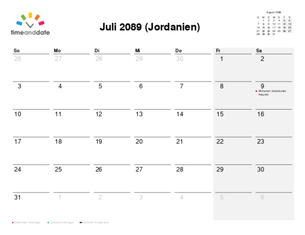 Kalender für 2089 in Jordanien