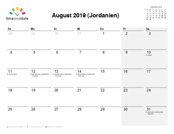 Kalender für 2019 in Jordanien