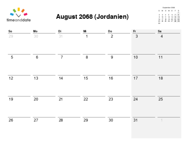 Kalender für 2068 in Jordanien