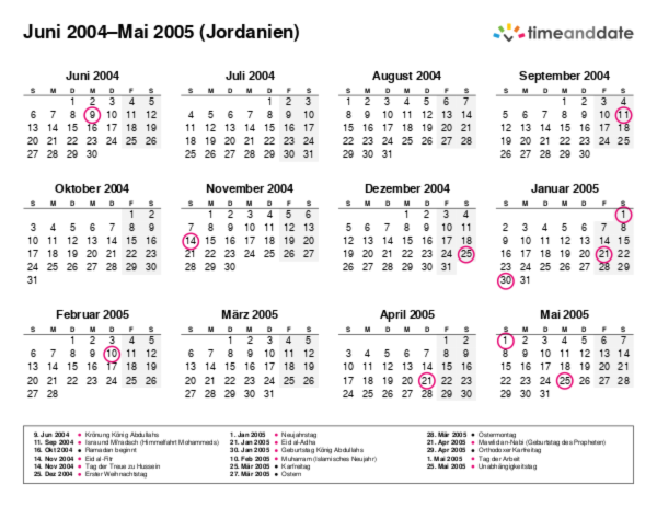 Kalender für 2004 in Jordanien