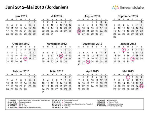 Kalender für 2012 in Jordanien
