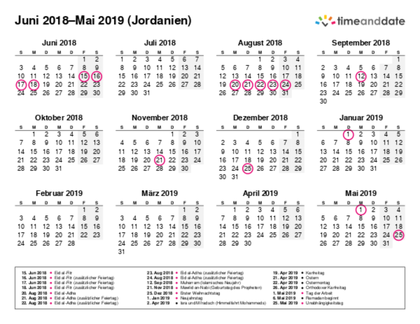 Kalender für 2018 in Jordanien