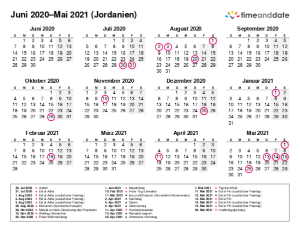 Kalender für 2020 in Jordanien