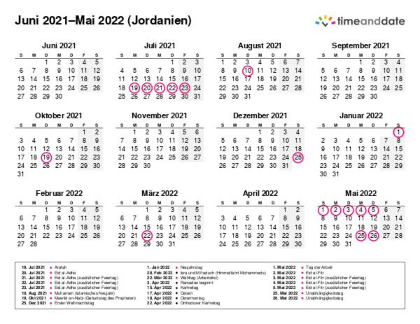 Kalender für 2021 in Jordanien