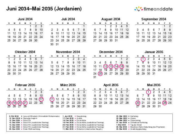 Kalender für 2034 in Jordanien