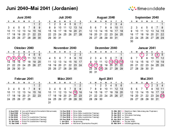 Kalender für 2040 in Jordanien