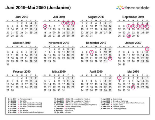 Kalender für 2049 in Jordanien