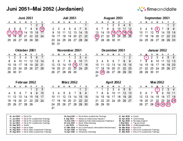 Kalender für 2051 in Jordanien