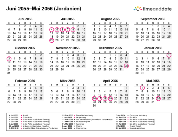 Kalender für 2055 in Jordanien