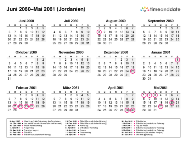 Kalender für 2060 in Jordanien