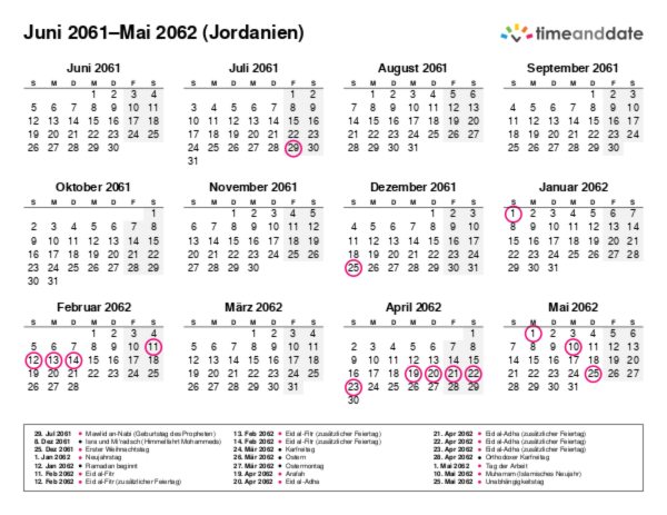 Kalender für 2061 in Jordanien