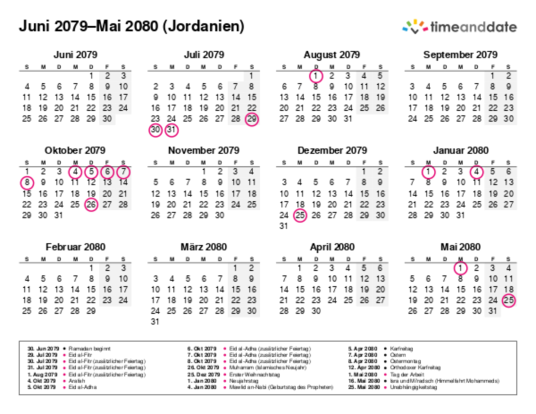 Kalender für 2079 in Jordanien