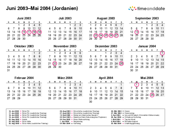 Kalender für 2083 in Jordanien