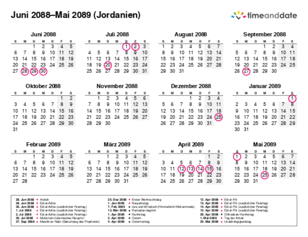 Kalender für 2088 in Jordanien