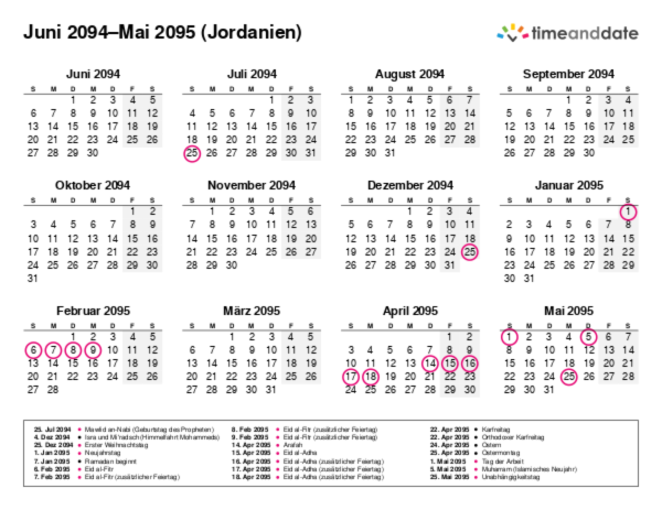 Kalender für 2094 in Jordanien