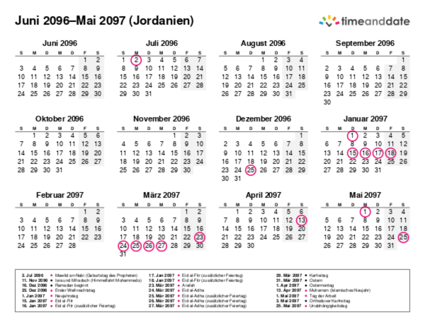 Kalender für 2096 in Jordanien