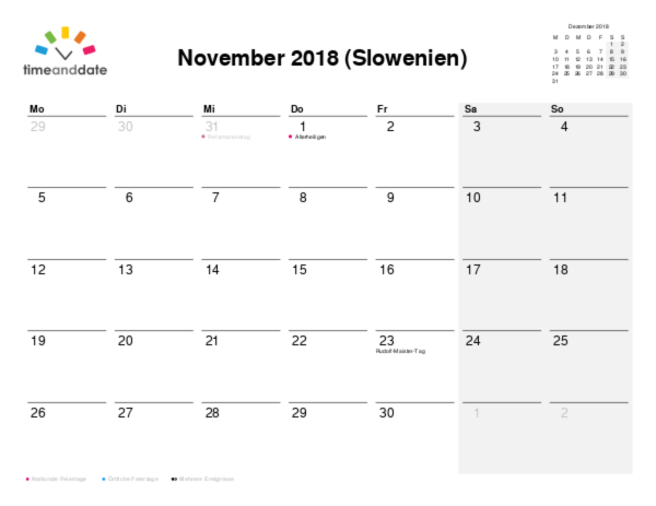 Kalender für 2018 in Slowenien