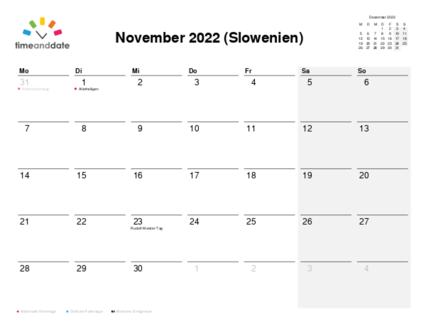 Kalender für 2022 in Slowenien