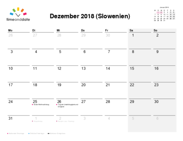Kalender für 2018 in Slowenien