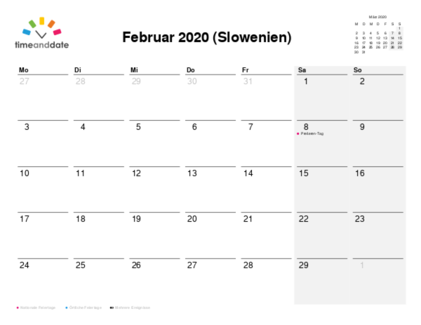 Kalender für 2020 in Slowenien