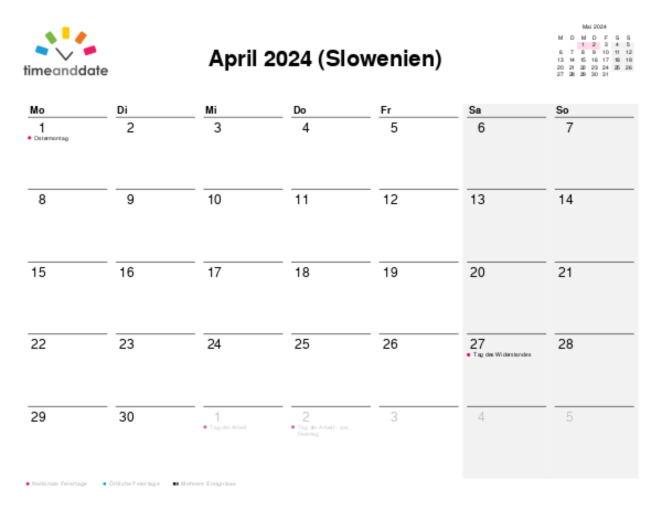 Kalender für 2024 in Slowenien