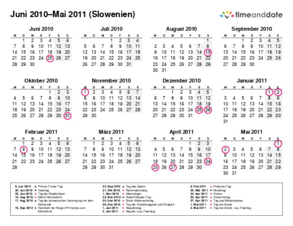 Kalender für 2010 in Slowenien